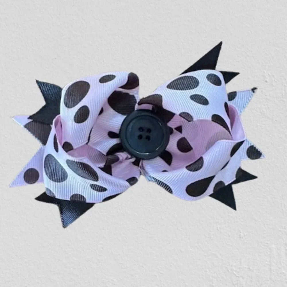 Pink & Black Polka Dot Deluxe Bow with Button Center 5B4503 Handmade Boutique